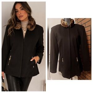 Joseph Ribkoff Black Jacket Fur Collar Size 14 Elegant Dressy Coat